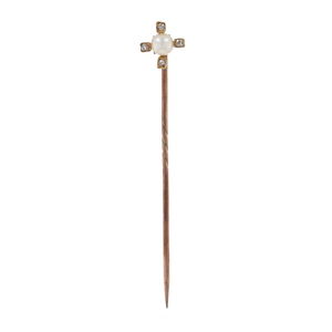 Yellow Gold Pearl & Diamond Victorian Stickpin - 14k Antique
